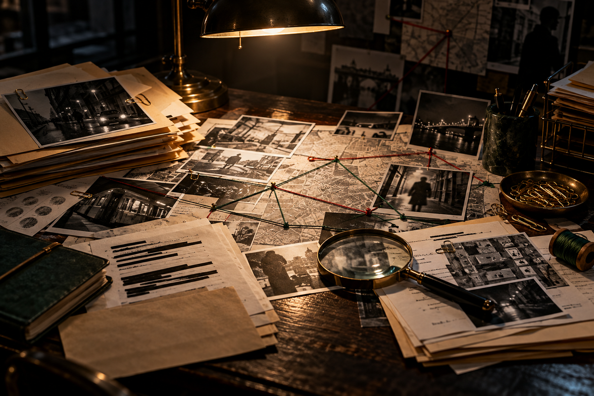 Detective evidence desk with photographs and redacted documents
