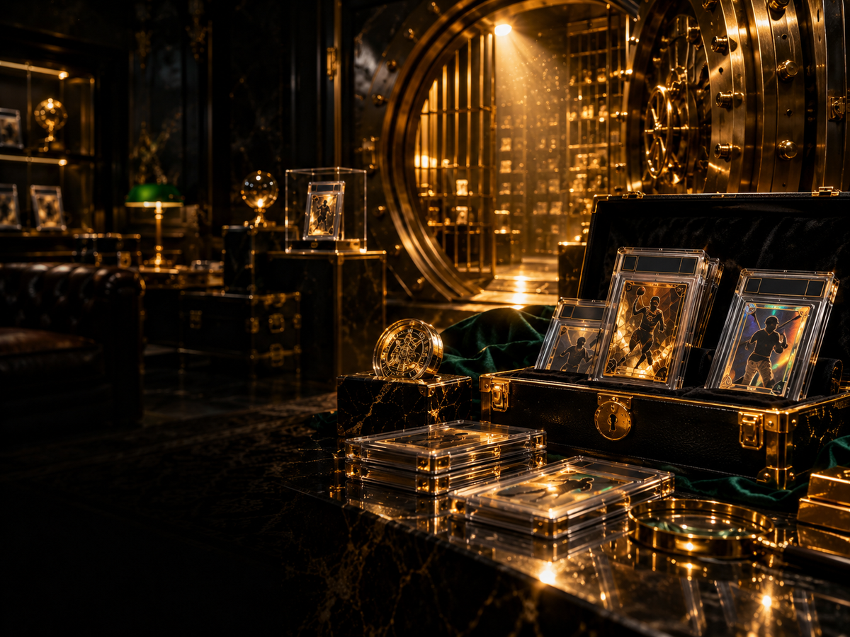 Graded trading cards in a gold-lit Heist Club collectibles vault