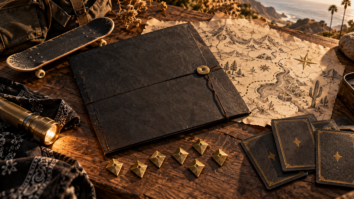 Seven brass markers beside a map, skateboard, flashlight and case file for The Rebel Boys